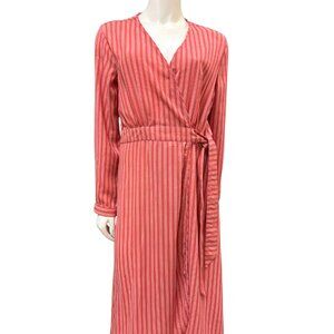 Time and Tru Women's Long Sleeve Faux Wrap Dress, Coral Stripe Size M (8-10)